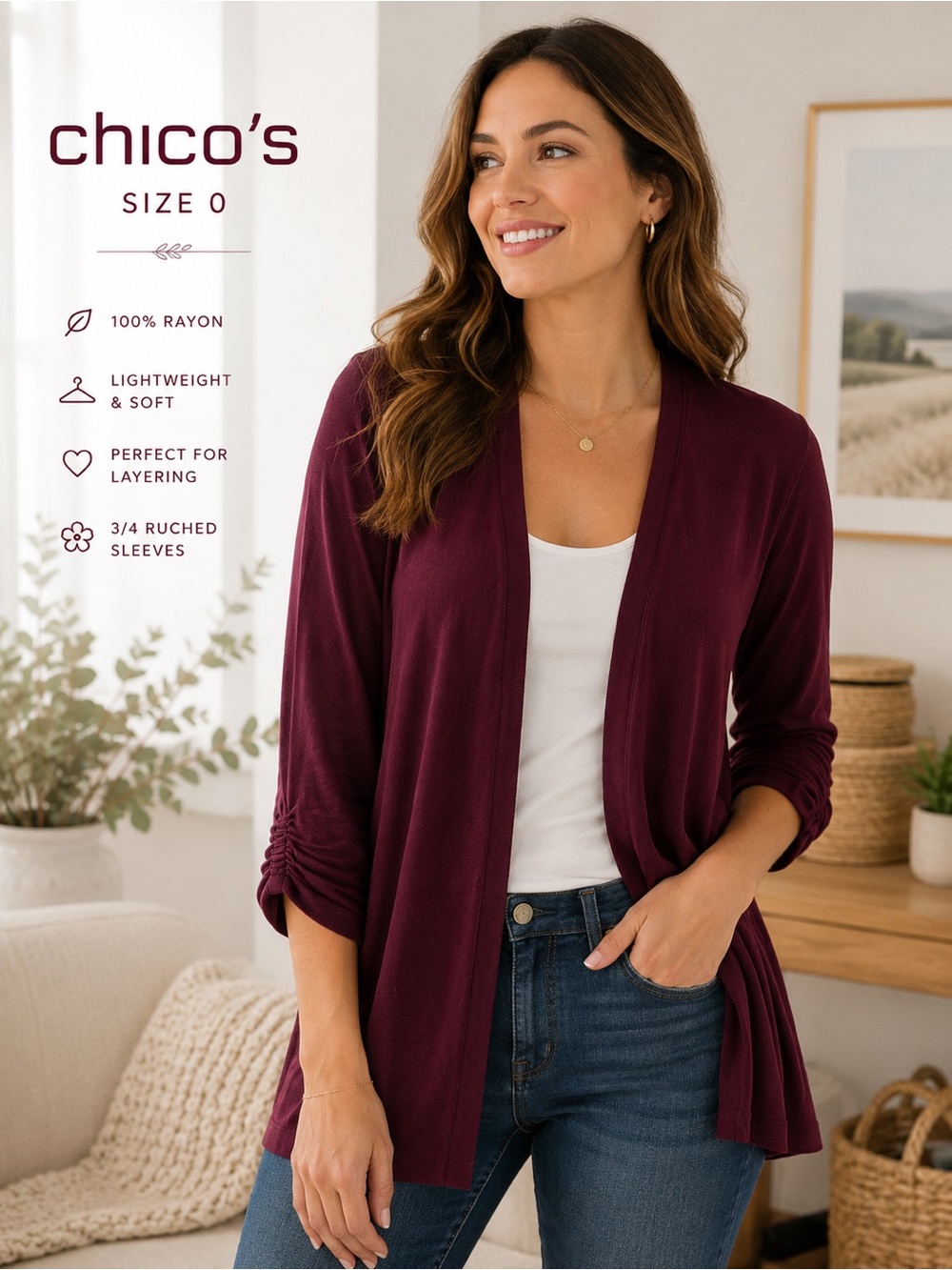 Chico’s Size 0 Burgundy Open Front Lightweight Cardigan Ruched 3/4 Sleeve Rayon